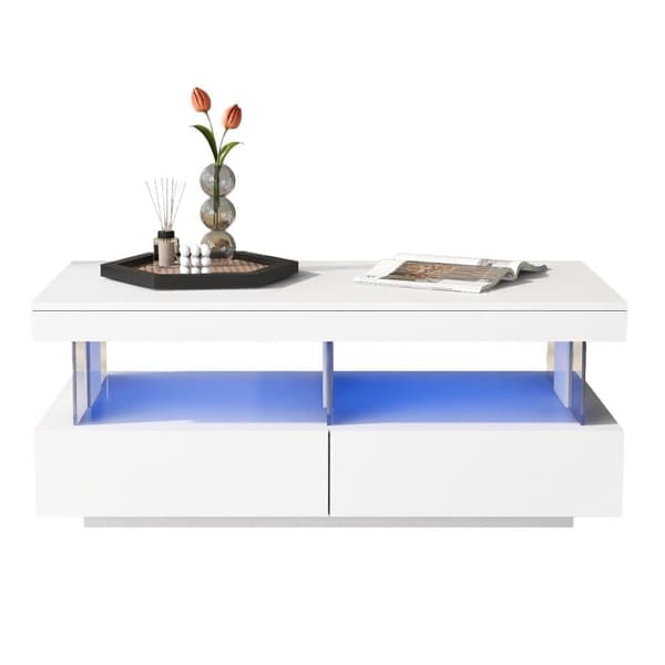 Soffbord med LED-belysning - med 2 lådor och fack - modern stil - Vit