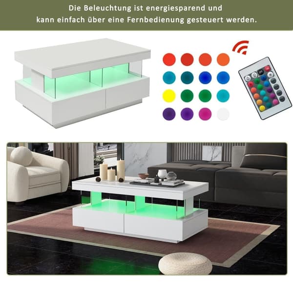Soffbord med LED-belysning - med 2 lådor och fack - modern stil - Vit