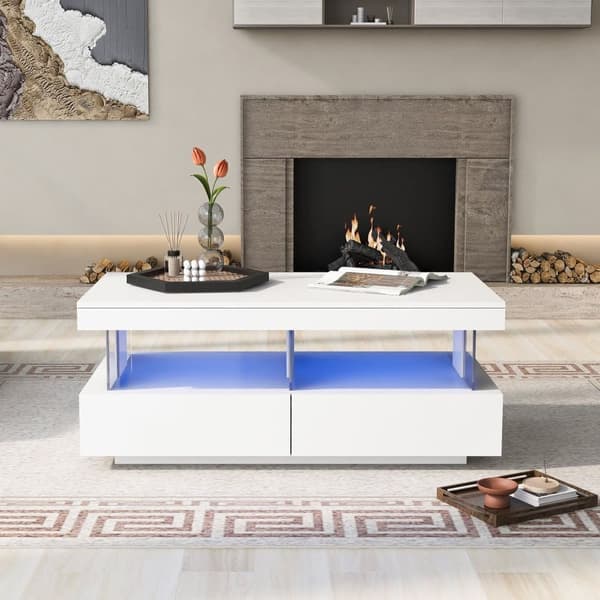 Soffbord med LED-belysning - med 2 lådor och fack - modern stil - Vit
