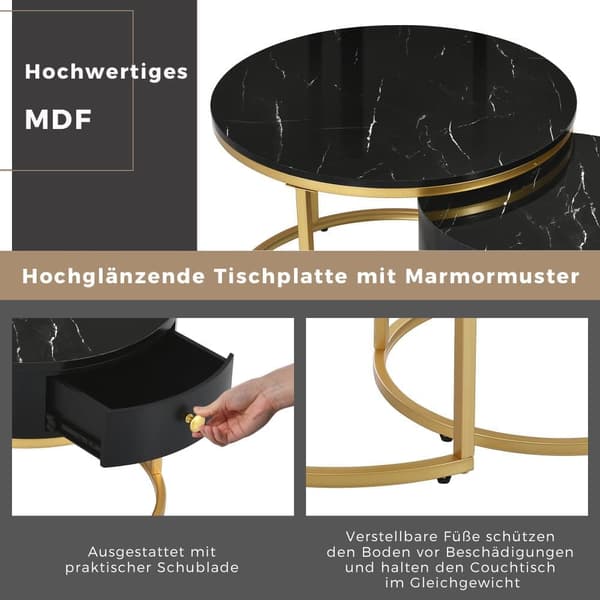 Set med 2 nästade bord med låda - marmormönster - blank yta - svart