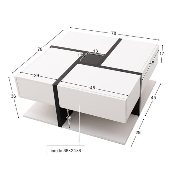 Soffbord - 4 lådor - förvaringsutrymme nedtill - 78x78x36cm - Vit
