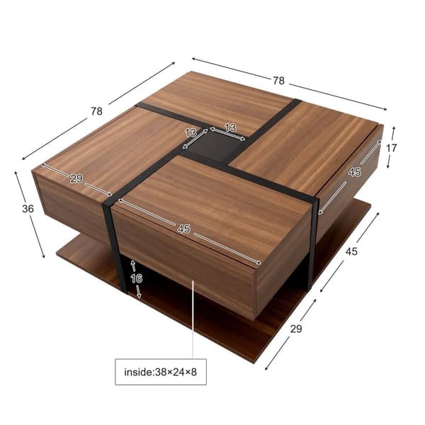 Sofabord - 4 skuffer - Opbevaringsplads i bunden - 78x78x36cm - Natur
