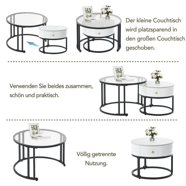 Set med 2 nästlade bord med låda - glasskivor och marmor - vit