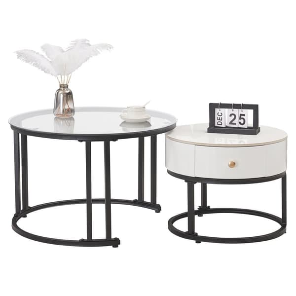 Set med 2 nästlade bord med låda - glasskivor och marmor - vit