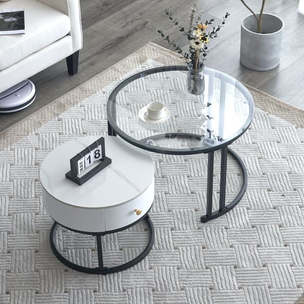 Set med 2 nästlade bord med låda - glasskivor och marmor - vit