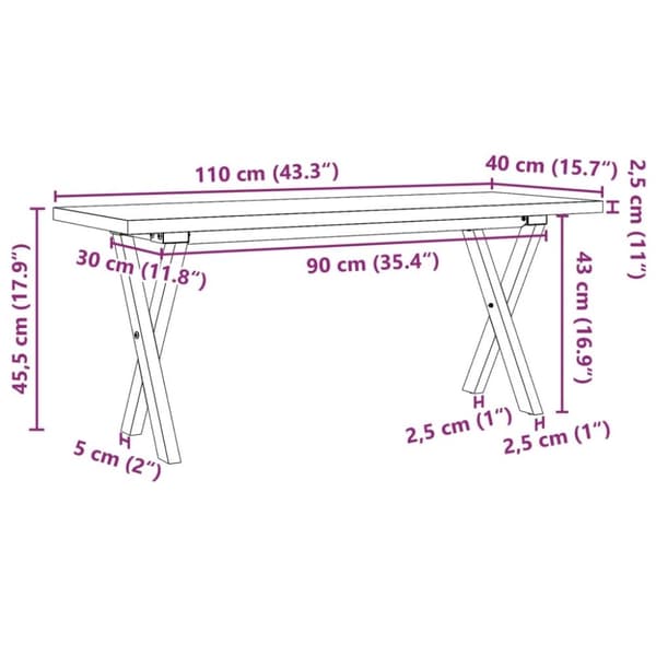 vidaXL sofabord 110x40x45,5 cm X-stel massivt fyrretræ og støbejern