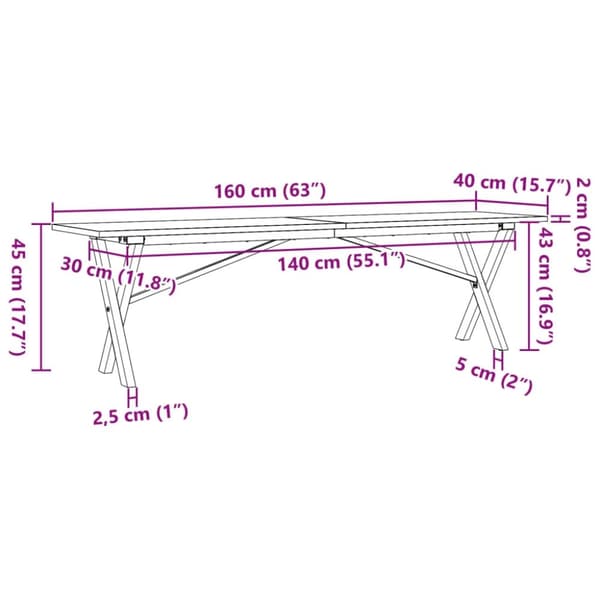 vidaXL sofabord 160x40x45 cm X-stel massivt fyrretræ og støbejern