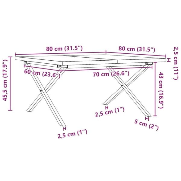 vidaXL Sohvapöytä X-runko 80x80x45,5 cm täysi mänty ja terästä