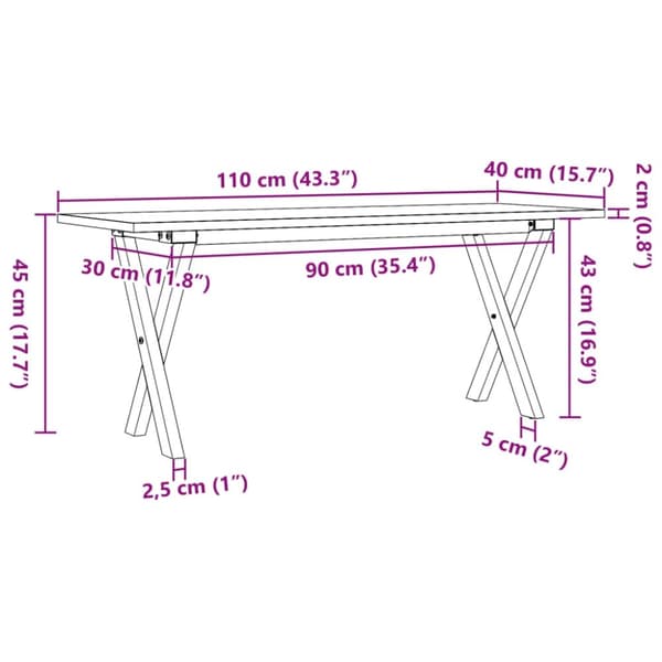 vidaXL sofabord 110x40x45 cm X-stel massivt fyrretræ og støbejern