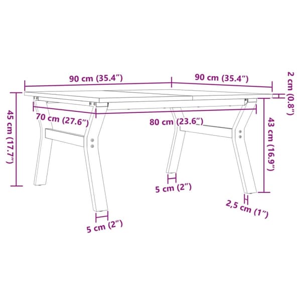 vidaXL sofabord 90x90x45 cm Y-stel massivt fyrretræ og støbejern