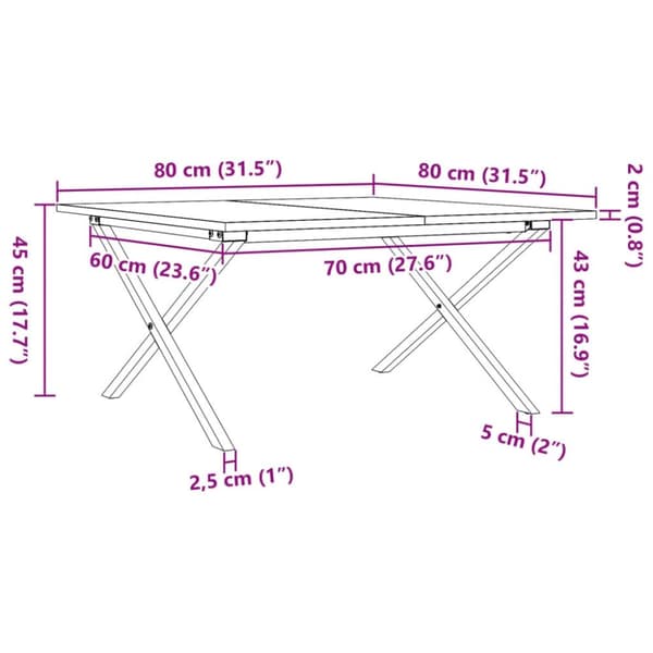 vidaXL Sohvapöytä X-runko 80x80x45 cm täysi mänty ja terästä
