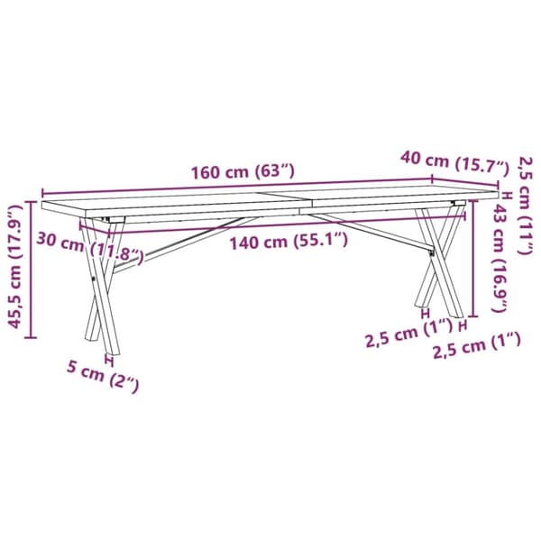 vidaXL sofabord 160x40x45,5 cm X-stel massivt fyrretræ og støbejern