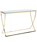 Miniatyrbillede 1 af 6: Konsolbord i guld med stel i rustfrit stål og glasplade i glamourstil