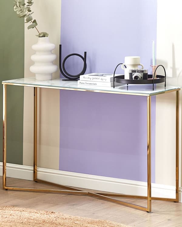 Konsolbord Hvid Guld Hærdet Glas Stål 120 x 35 x 76 cm Moderne Anretterbord med Marmor Effekt Glamour Opbevaringsmøbel til Entre Design