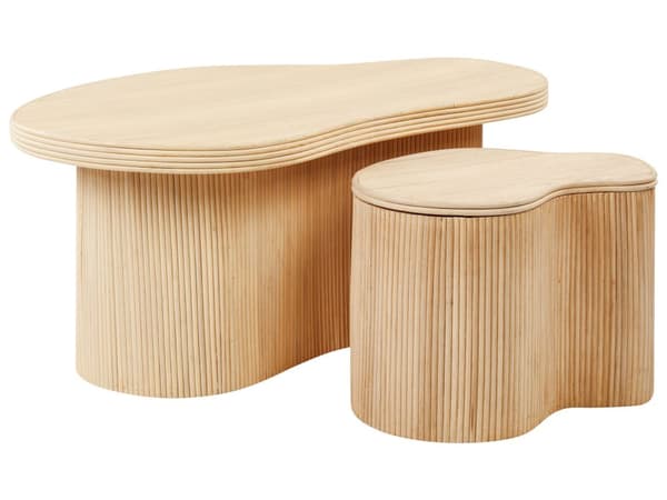 Sæt med 2 sofaborde Naturfarve Rattan Runde former Lodrette linjer Boheme og moderne stil Håndlavet sofabord