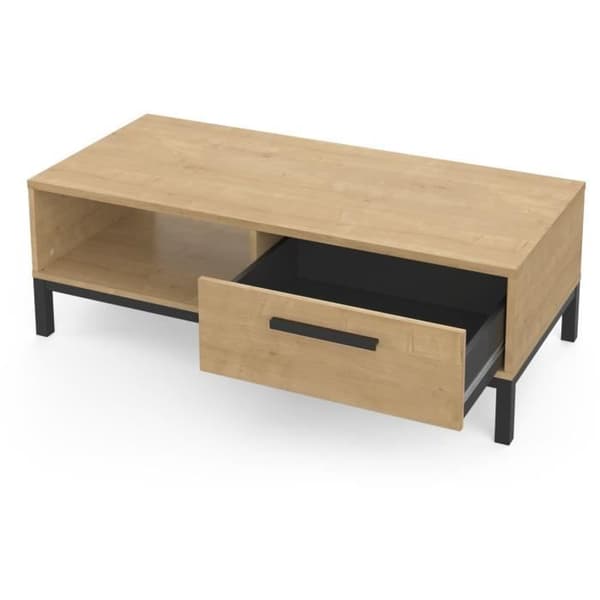 Soffbord 1 låda / 1 nisch - HANTVERK - Rektangulär - Hamilton Ek / Svart - 110,4 x 50 x 36,9 cm - DEMEYRE