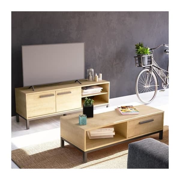 Soffbord 1 låda / 1 nisch - HANTVERK - Rektangulär - Hamilton Ek / Svart - 110,4 x 50 x 36,9 cm - DEMEYRE