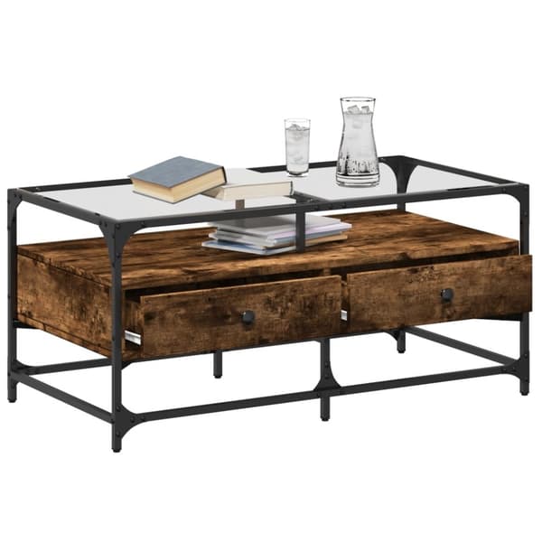 vidaXL sofabord med glasplade 98,5x50x45 cm røget egetræsfarve