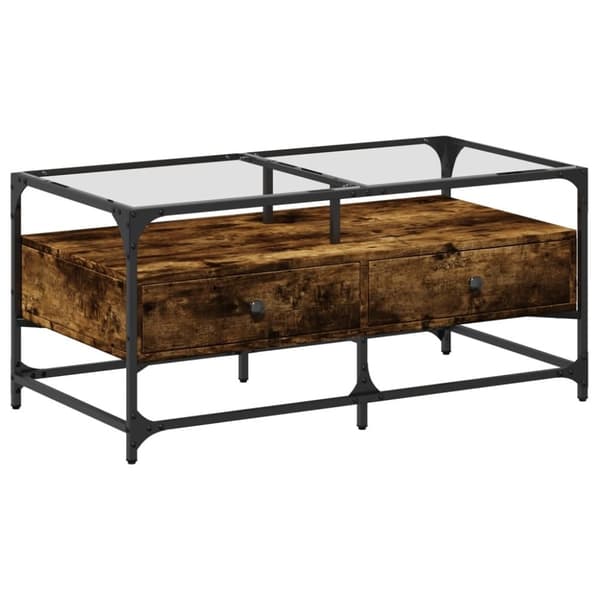 vidaXL sofabord med glasplade 98,5x50x45 cm røget egetræsfarve