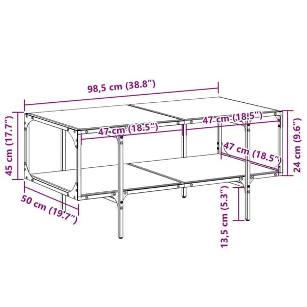 vidaXL sofabord med sort glastop 98,5x50x45 cm stål