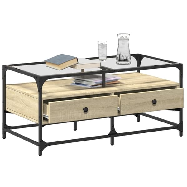 vidaXL sofabord med glasplade 98,5x50x45 cm sonoma-eg