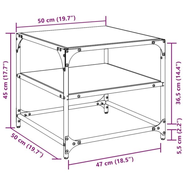 vidaXL Salongbord med svart glassplate 50x50x45 cm stål