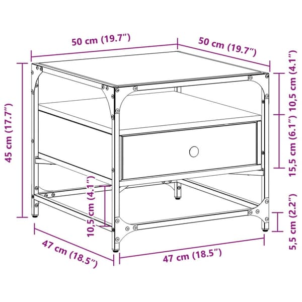 vidaXL sofabord med glasplade 50x50x45 cm røget egetræsfarve Stål
