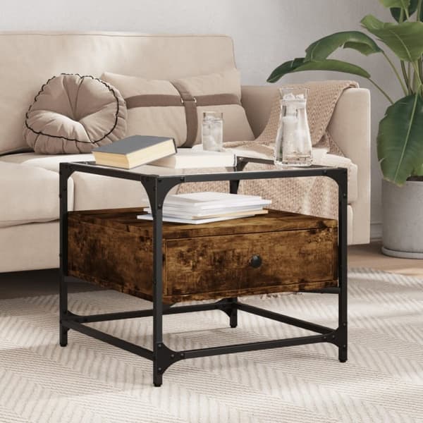 vidaXL sofabord med glasplade 50x50x45 cm røget egetræsfarve Stål