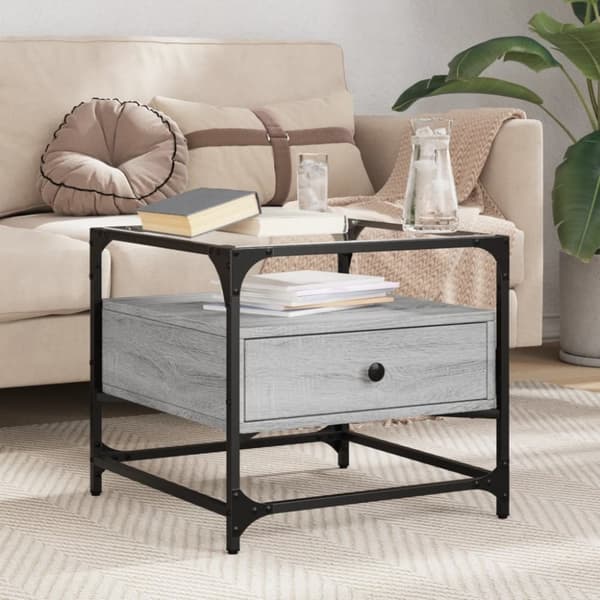 vidaXL sofabord med glasplade 50x50x45 cm grå sonoma-eg Stål