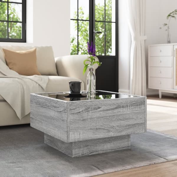 vidaXL sofabord med LED-lys 50x50x30 cm konstrueret træ grå sonoma-eg