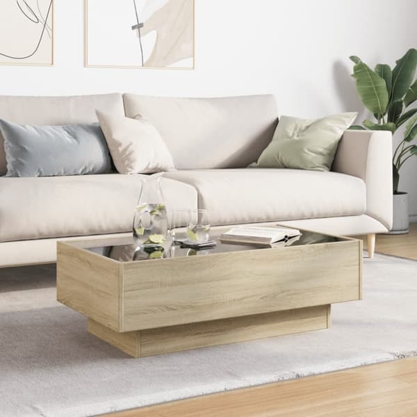 vidaXL sofabord med LED-lys 90x50x30 cm konstrueret træ sonoma-eg
