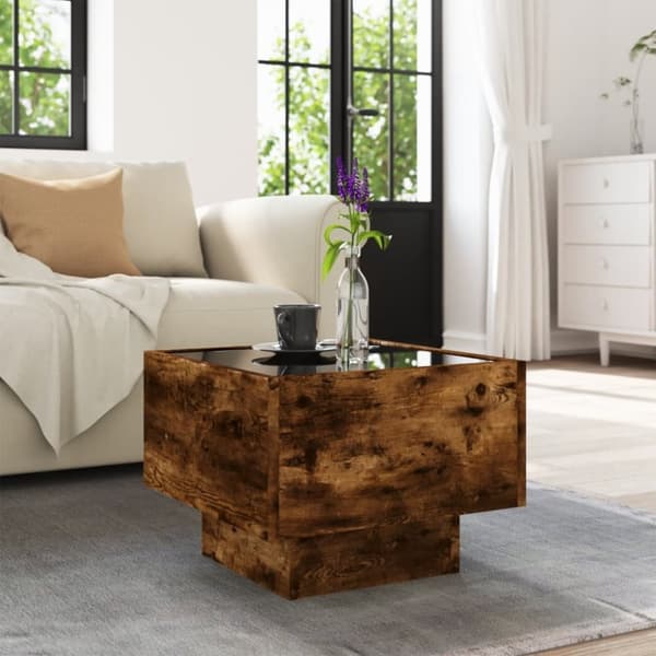 vidaXL Sivupöytä LED-valoilla savutammi 40x40x30 cm tekninen puu
