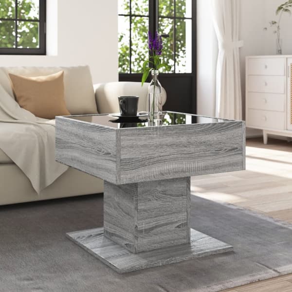 sofabord med LED-lys 50x50x45 cm konstrueret træ grå sonoma-eg
