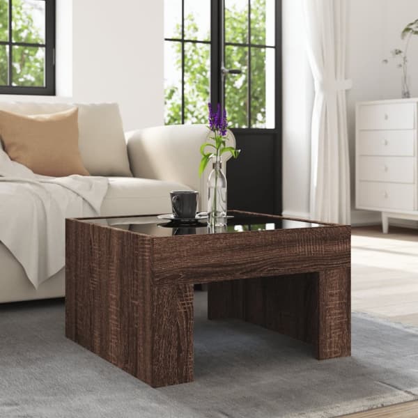 sofabord med Infinity LED-lys 50x50x30 cm brun egetræsfarve