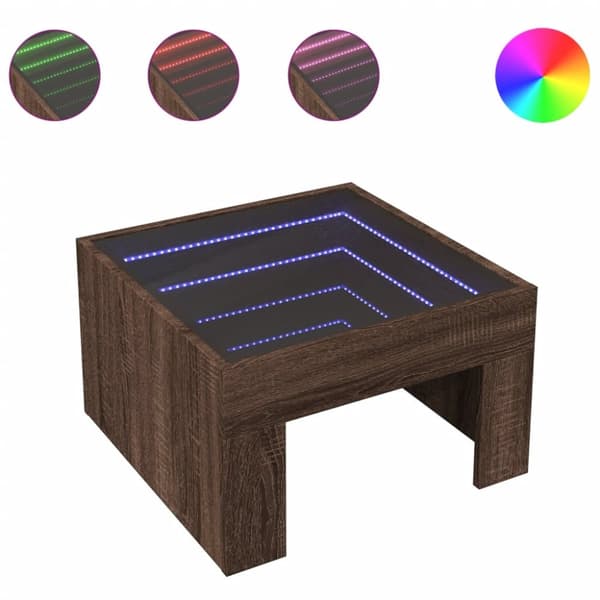 sofabord med Infinity LED-lys 50x50x30 cm brun egetræsfarve