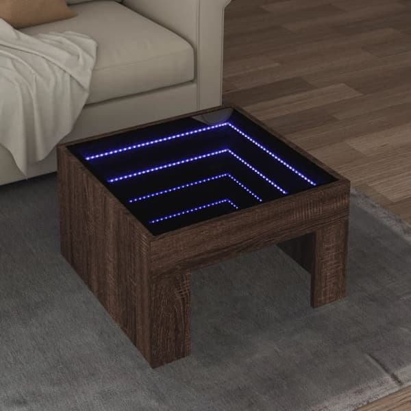 sofabord med Infinity LED-lys 50x50x30 cm brun egetræsfarve