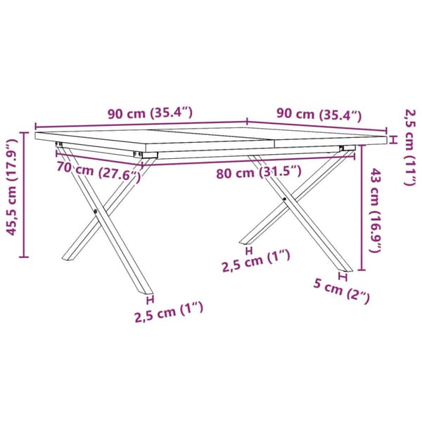 Soffbord X-ram 90x90x45,5 cm massiv furu och gjutjärn