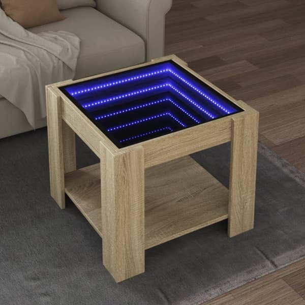 Sohvapöytä LED-valoilla Sonoma-tammi 53x53x45 cm tekninen puu