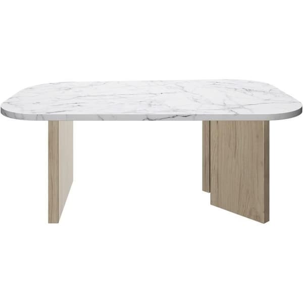 Ovalt soffbord - QUARTZ - Vit marmoreffekt - Tjocka ekben - 105 x 58 x 39 cm - DIAGONE