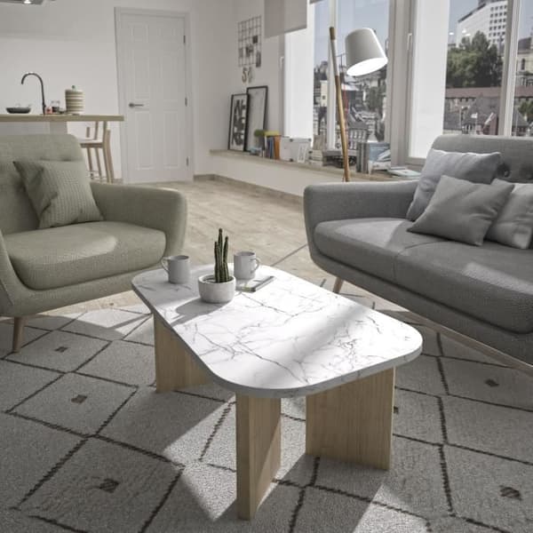Ovalt soffbord - QUARTZ - Vit marmoreffekt - Tjocka ekben - 105 x 58 x 39 cm - DIAGONE