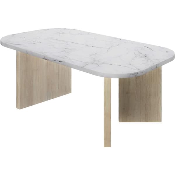 Ovalt soffbord - QUARTZ - Vit marmoreffekt - Tjocka ekben - 105 x 58 x 39 cm - DIAGONE