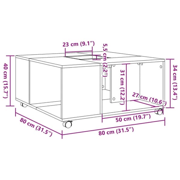 vidaXL Salongbord røkt eik 80x80x40 cm konstruert tre