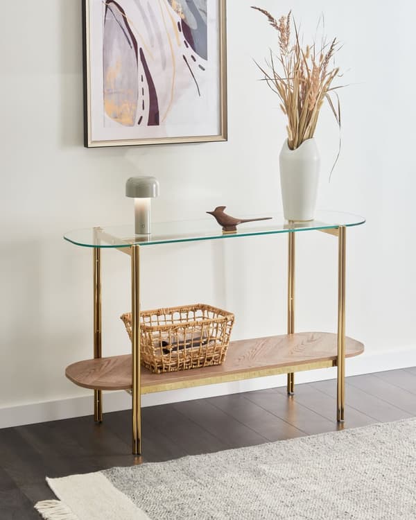 Konsolbord Guld med Ljust Trä Glasskiva Metallram Hylla Modern Design
