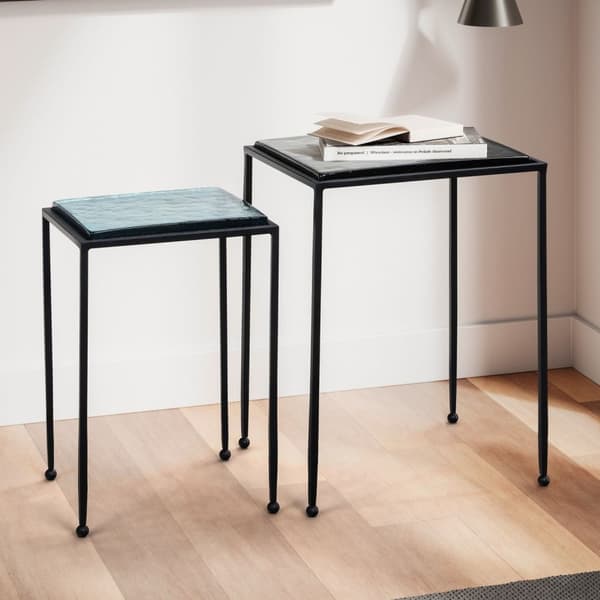 Rootz Modern Design -sivupöytäsetti - Päätypöydät - Aksenttipöydät - Aqua Blue & Black -lasilevyt - Jauhemaalatut rautakehykset - 39 x 39 x 55 cm & 32