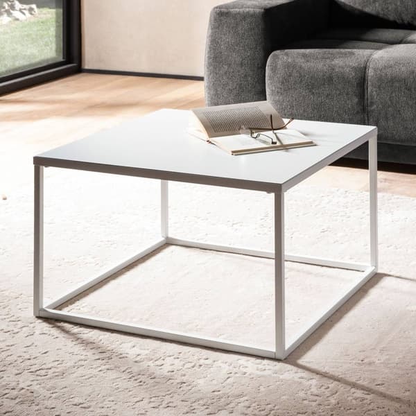 Rootz firkantet sofabord i industriel stil - Moderne midterbord - Metalstel - Opbevaringstop - 60 cm x 60 cm x 40 cm - Hvid