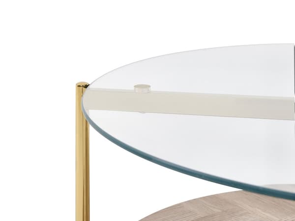 Sofabord guld med glasplade i lyst træ metalramme med hylde rundt moderne design