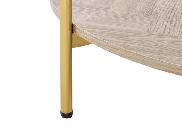 Sofabord guld med glasplade i lyst træ metalramme med hylde rundt moderne design