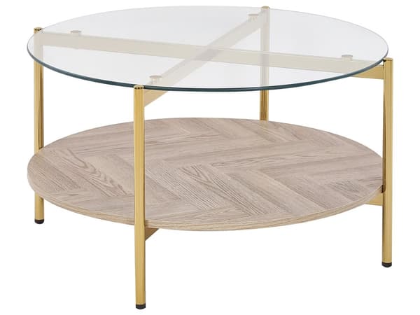 Sofabord guld med glasplade i lyst træ metalramme med hylde rundt moderne design