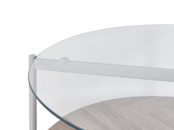 Sofabord sølv med glasplade i lyst træ metalramme med hylde rundt moderne design