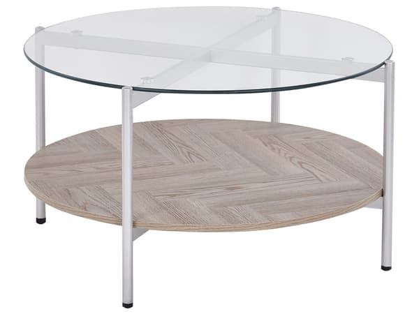 Sofabord sølv med glasplade i lyst træ metalramme med hylde rundt moderne design